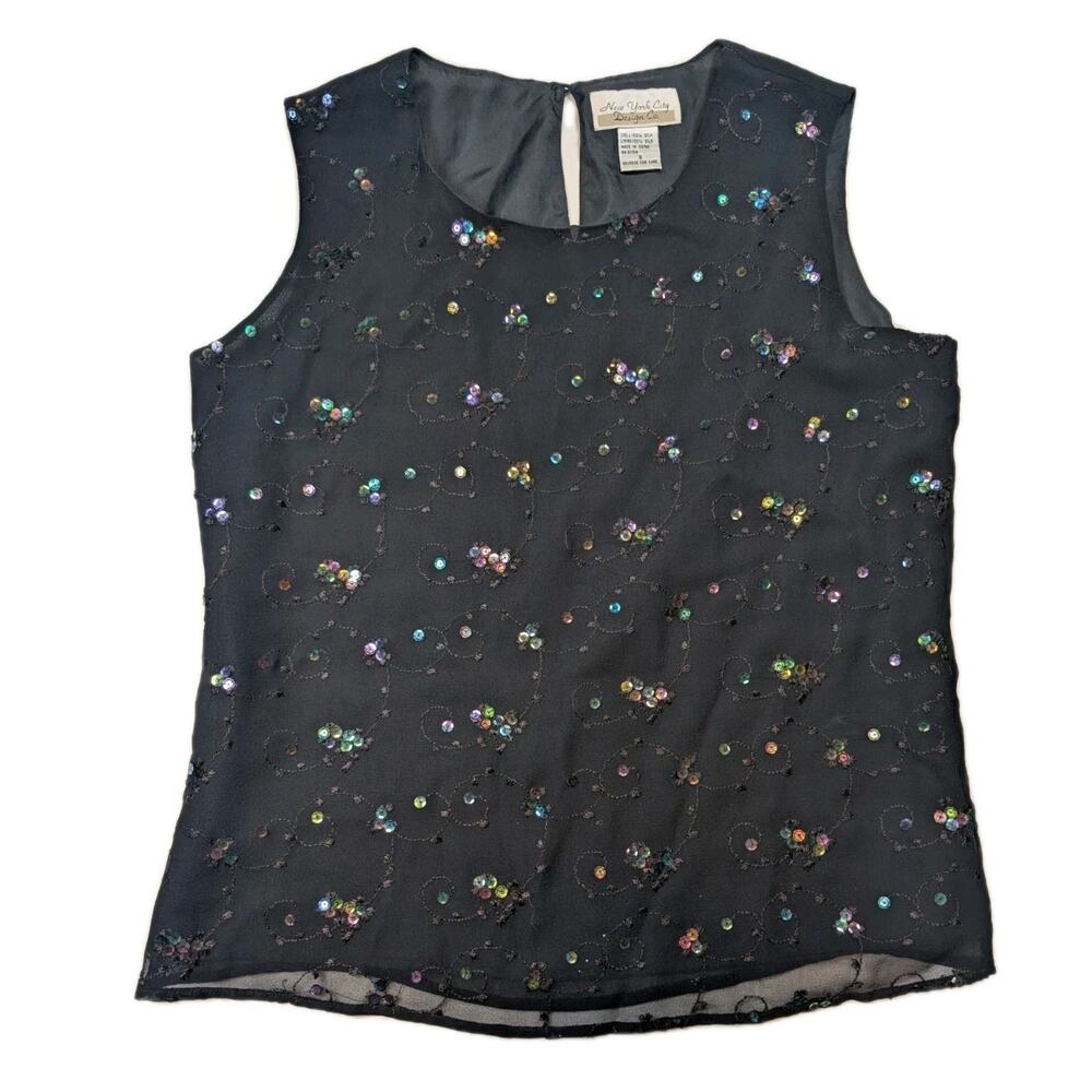 New York City Design Co Silk Sequin Sheer Tank Top Black Iridescent Vintage S